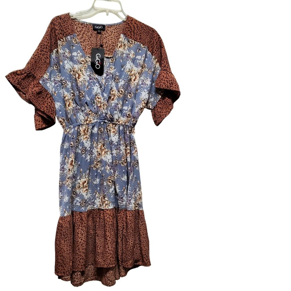 Brown and Blue Ruffled Wrap Midi Sundress